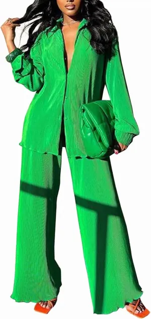 Women Pleated 2 Piece Pants Outfits Casual Loose Button Shirt Blouse Top Long Wide Leg Palazzo Pants Set Jumpsuit