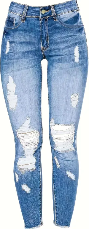 Women Skinny Ripped Jeans Stretch Distressed Destroyed Denim Pants