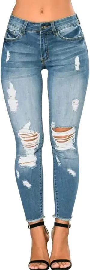 Women Skinny Ripped Jeans Stretch Distressed Destroyed Denim Pants