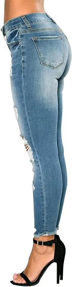 Women Skinny Ripped Jeans Stretch Distressed Destroyed Denim Pants