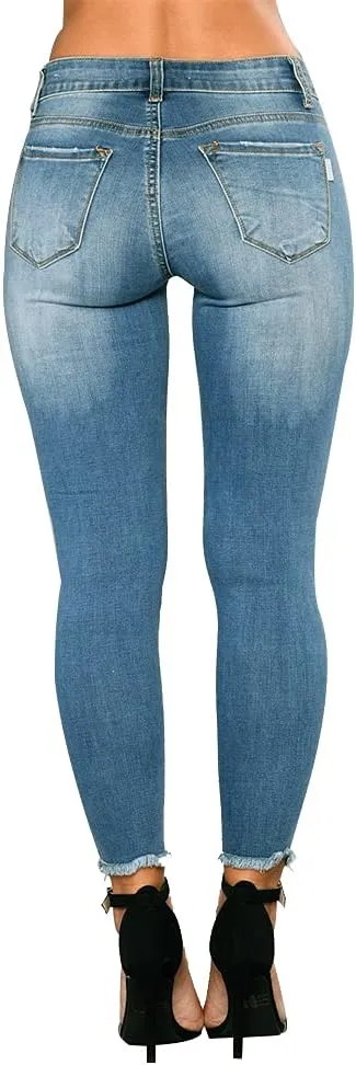 Women Skinny Ripped Jeans Stretch Distressed Destroyed Denim Pants