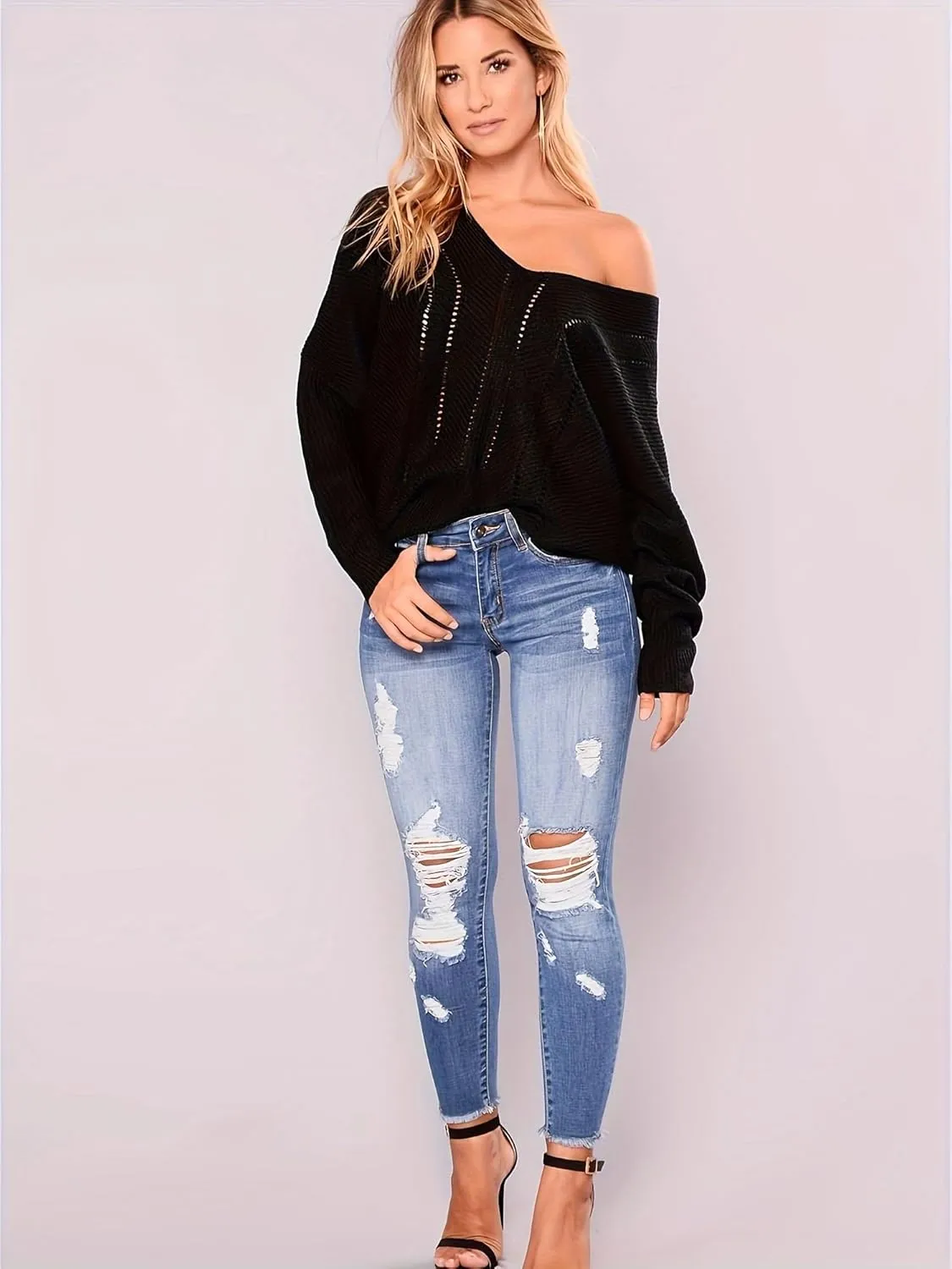 Women Skinny Ripped Jeans Stretch Distressed Destroyed Denim Pants