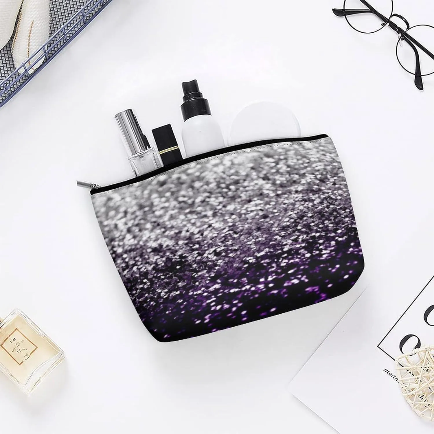 Women Storage Bag Pouch for Cosmetics Jewelry Travel, Large Capacity Cosmetic Multipurpose Travel Bag Waterproof Makeup Pouch (Beautiful Dark Purple Grey Glitter Sparkles)