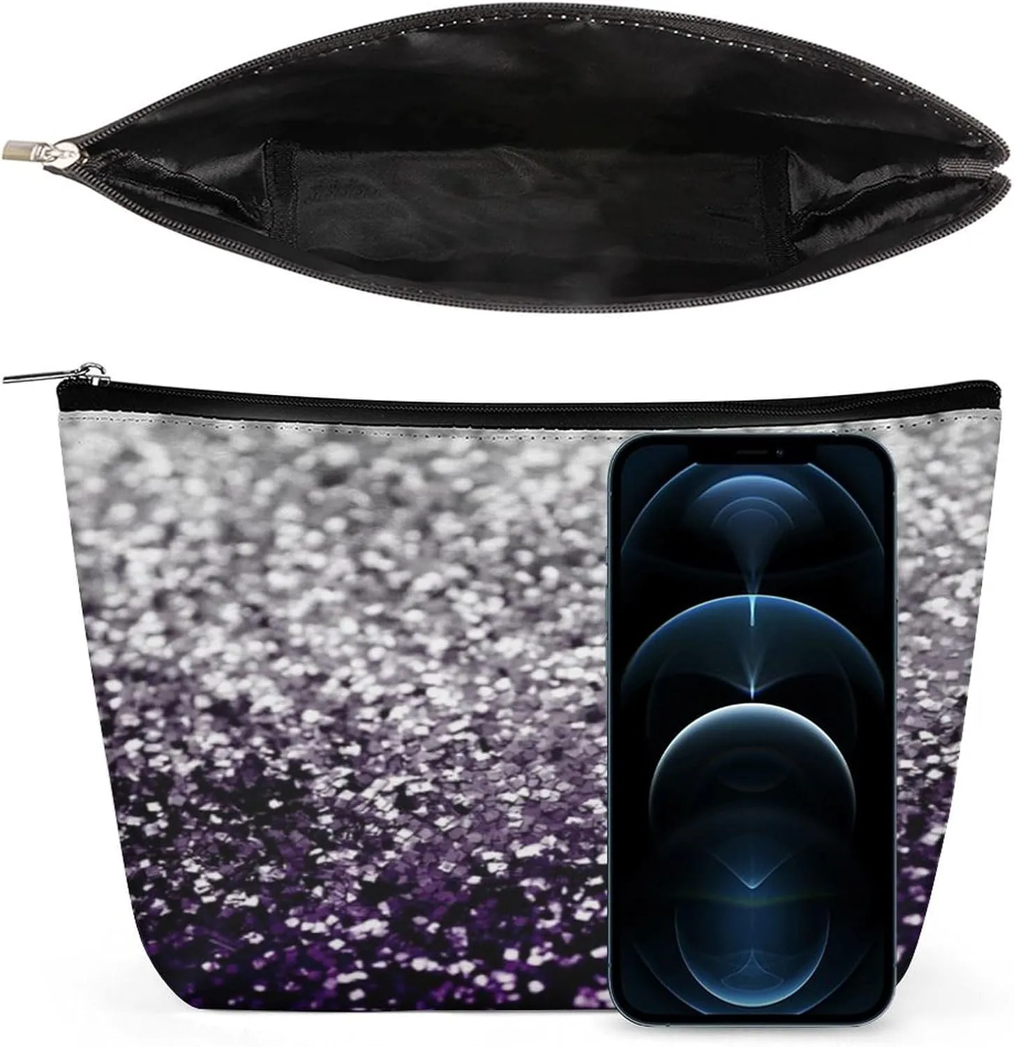Women Storage Bag Pouch for Cosmetics Jewelry Travel, Large Capacity Cosmetic Multipurpose Travel Bag Waterproof Makeup Pouch (Beautiful Dark Purple Grey Glitter Sparkles)