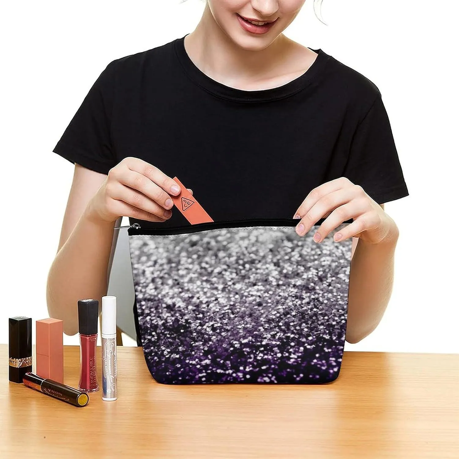 Women Storage Bag Pouch for Cosmetics Jewelry Travel, Large Capacity Cosmetic Multipurpose Travel Bag Waterproof Makeup Pouch (Beautiful Dark Purple Grey Glitter Sparkles)