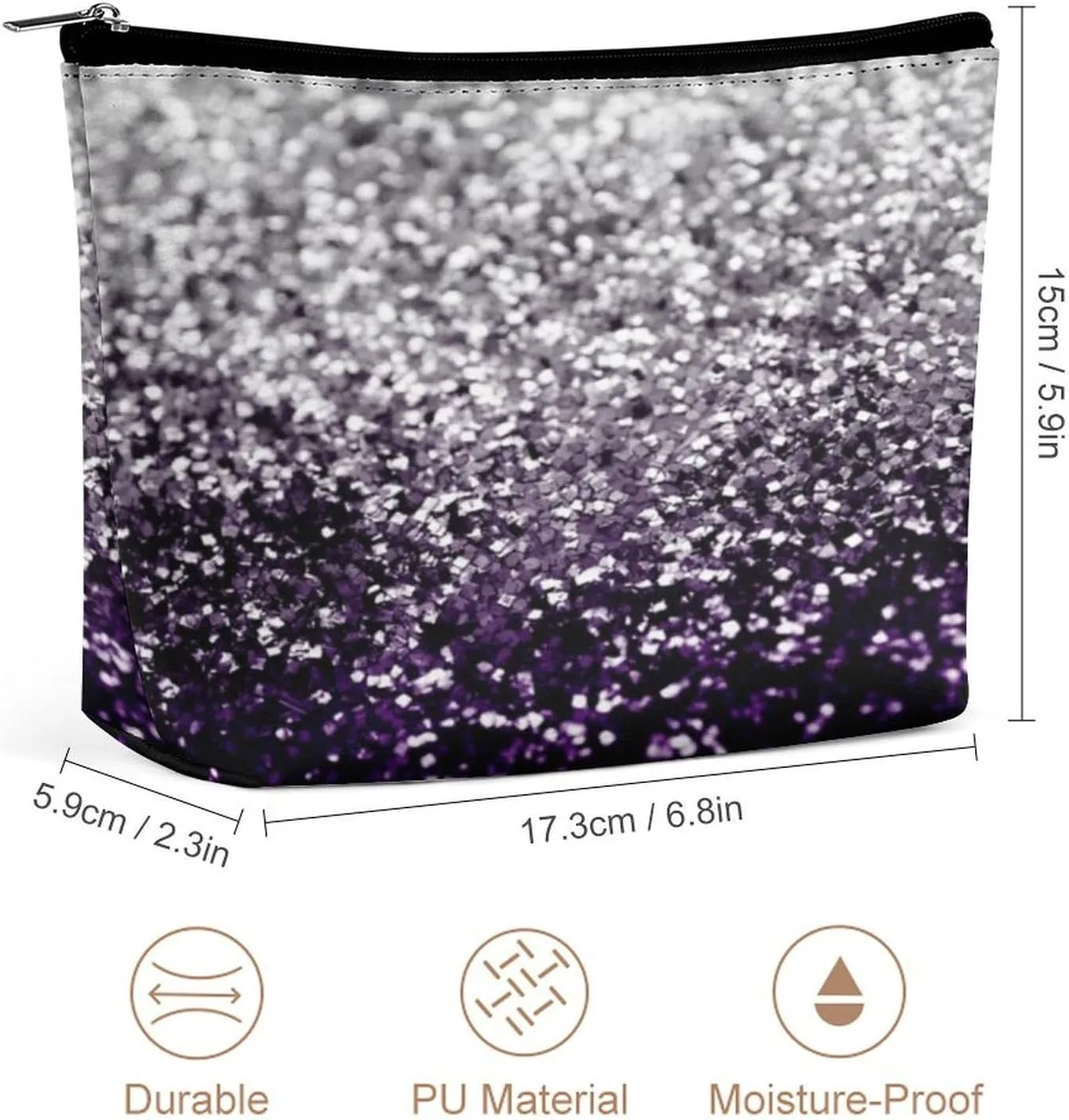 Women Storage Bag Pouch for Cosmetics Jewelry Travel, Large Capacity Cosmetic Multipurpose Travel Bag Waterproof Makeup Pouch (Beautiful Dark Purple Grey Glitter Sparkles)