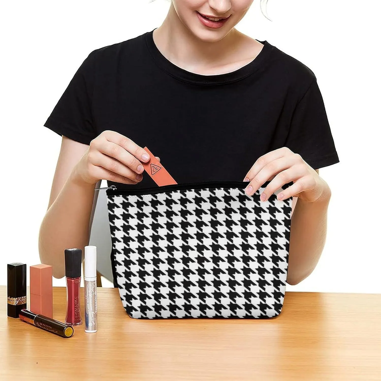 Women Storage Bag Pouch for Cosmetics Jewelry Travel, Large Capacity Cosmetic Multipurpose Travel Bag Waterproof Makeup Pouch (Black And White Houndstooth Art)