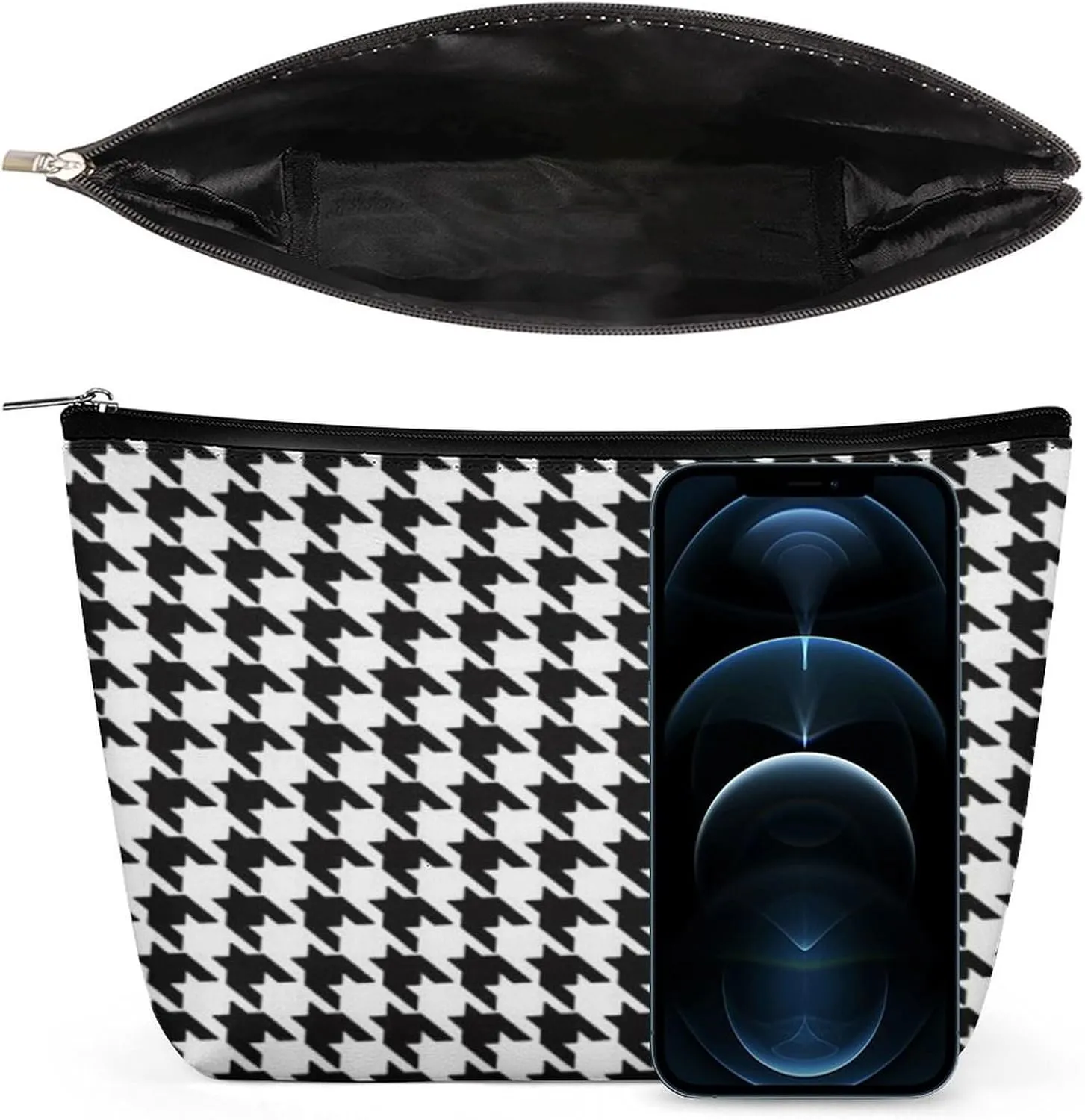 Women Storage Bag Pouch for Cosmetics Jewelry Travel, Large Capacity Cosmetic Multipurpose Travel Bag Waterproof Makeup Pouch (Black And White Houndstooth Art)