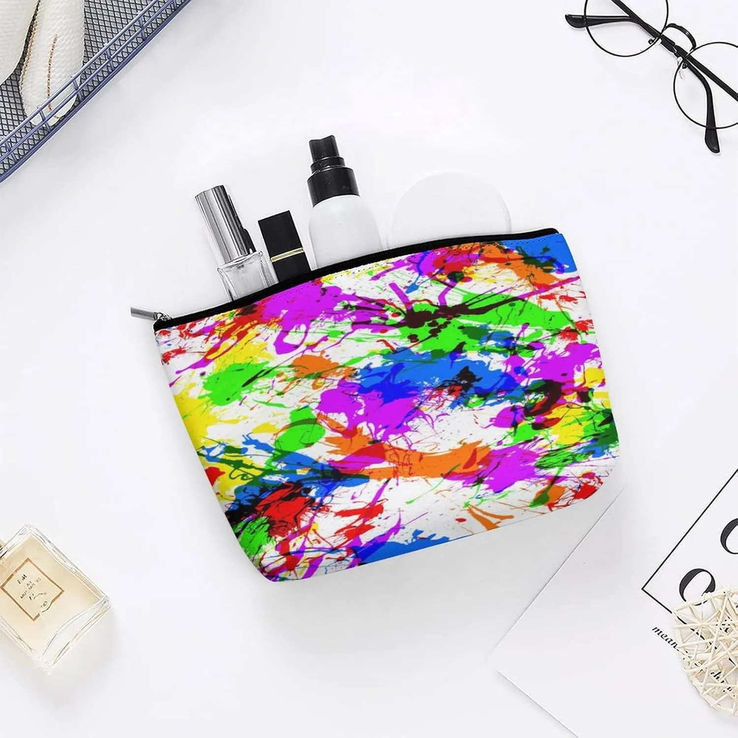 Women Storage Bag Pouch for Cosmetics Jewelry Travel, Large Capacity Cosmetic Multipurpose Travel Bag Waterproof Makeup Pouch (Paint Splatter Colorful Art)