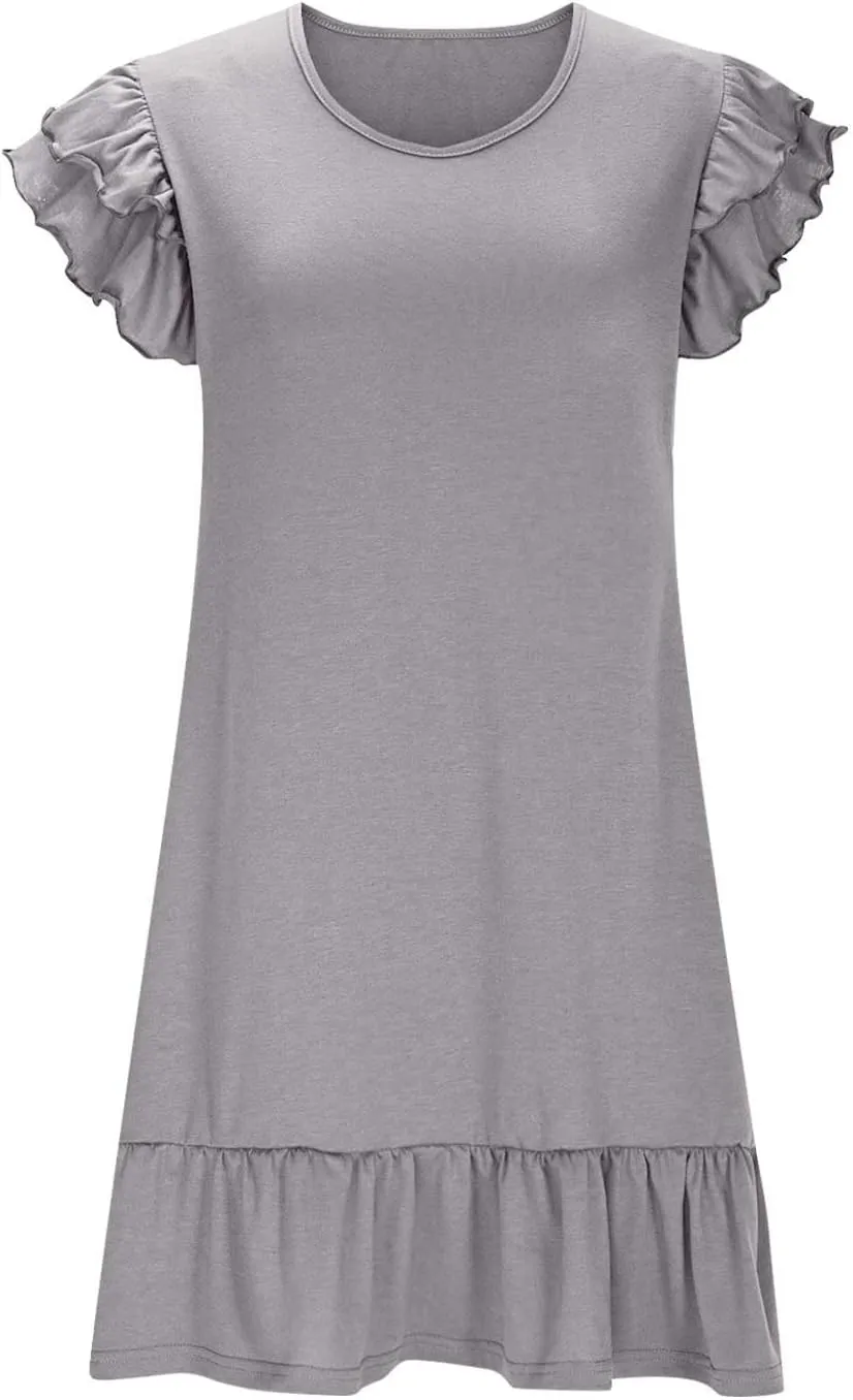 Women Summer Beach Party Casual Short Dress, Fashion Cap Sleeve V-Neck Loose Dress Ruffle Hem Mini Babydoll Dresses