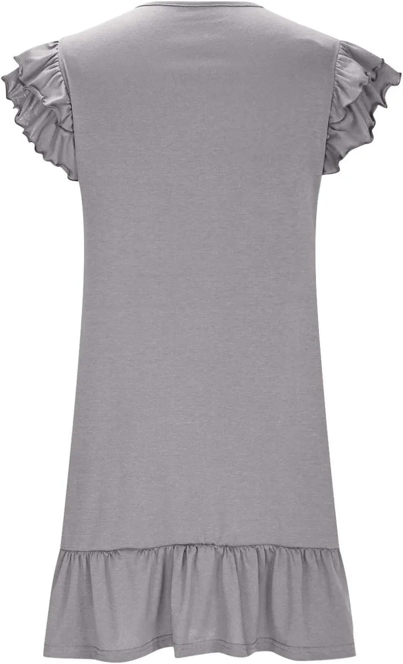 Women Summer Beach Party Casual Short Dress, Fashion Cap Sleeve V-Neck Loose Dress Ruffle Hem Mini Babydoll Dresses
