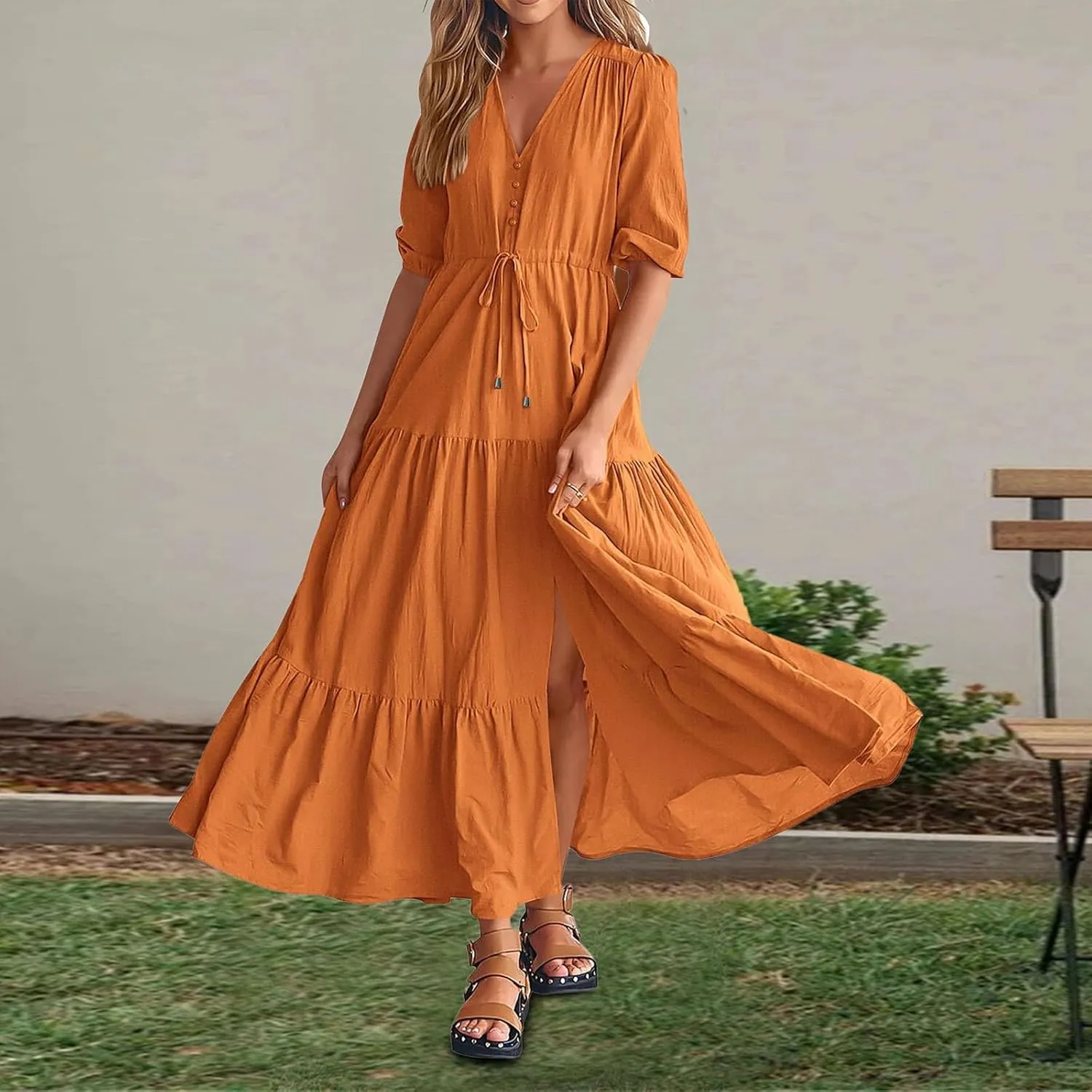 Women Summer Dresses Short Sleeves V Neck Button Drawstring Long Dresses Solid Color Boho Long Dress
