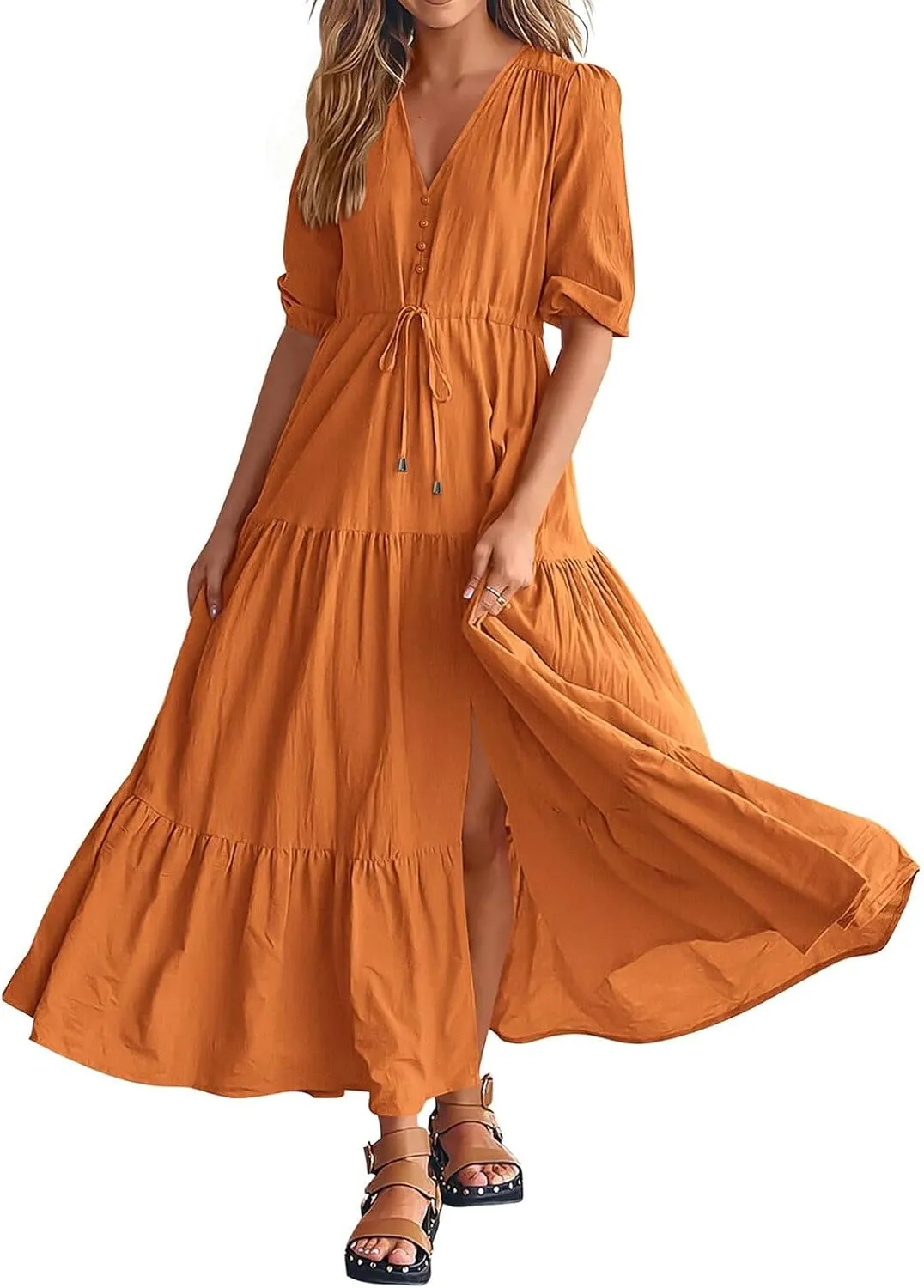 Women Summer Dresses Short Sleeves V Neck Button Drawstring Long Dresses Solid Color Boho Long Dress