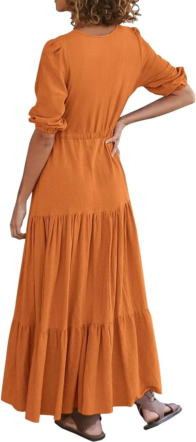 Women Summer Dresses Short Sleeves V Neck Button Drawstring Long Dresses Solid Color Boho Long Dress