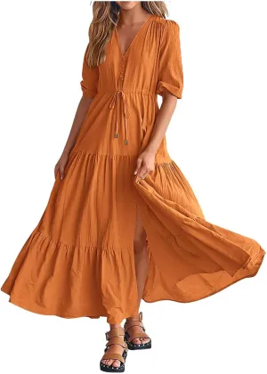 Women Summer Dresses Short Sleeves V Neck Button Drawstring Long Dresses Solid Color Boho Long Dress