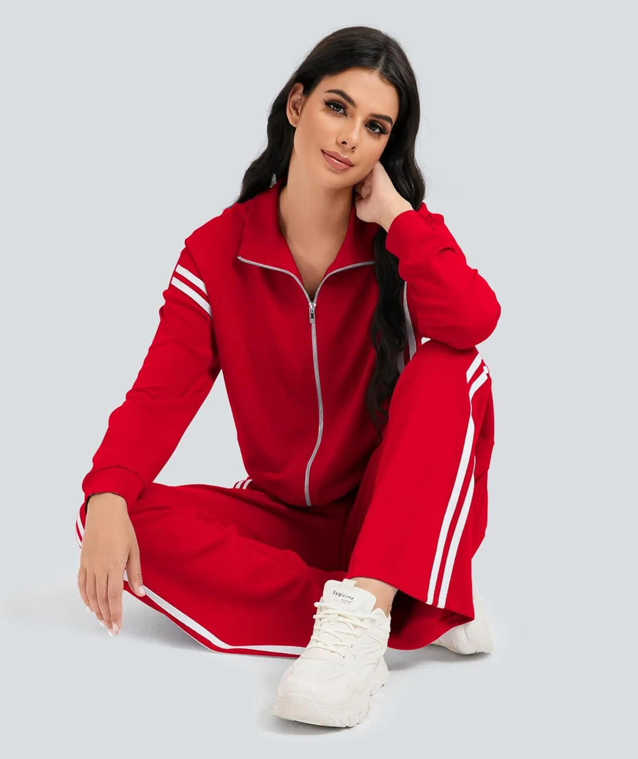 Women's 2 Piece Lounge Outfits Zip Up Sweat Set Contrast Striped Wide Leg Jogging Pants Travel Track Suit