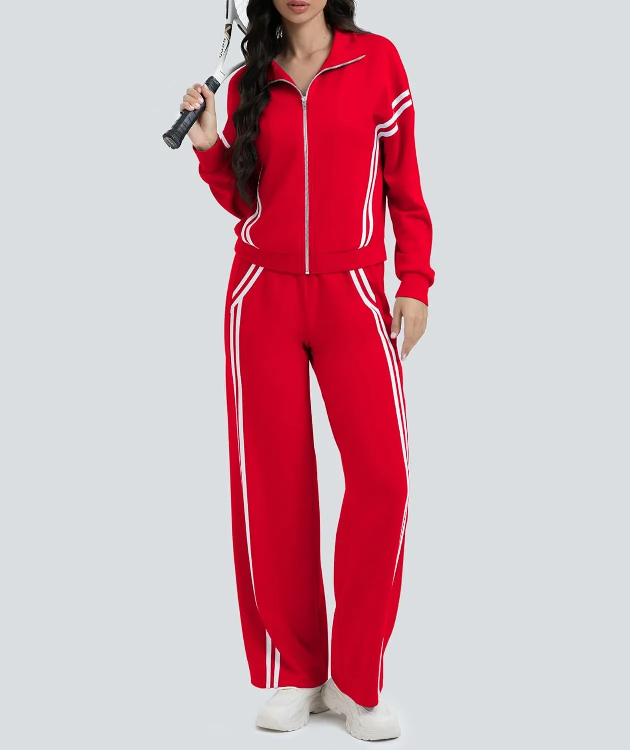 Women's 2 Piece Lounge Outfits Zip Up Sweat Set Contrast Striped Wide Leg Jogging Pants Travel Track Suit