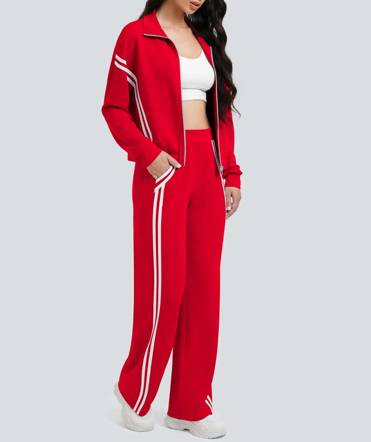 Women's 2 Piece Lounge Outfits Zip Up Sweat Set Contrast Striped Wide Leg Jogging Pants Travel Track Suit