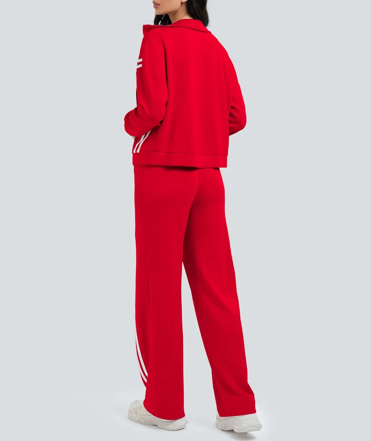 Women's 2 Piece Lounge Outfits Zip Up Sweat Set Contrast Striped Wide Leg Jogging Pants Travel Track Suit