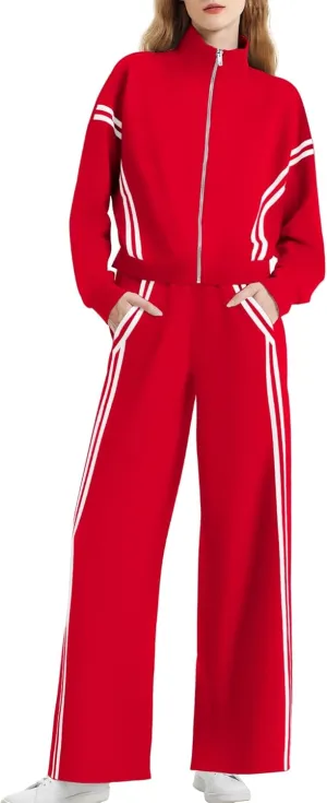 Women's 2 Piece Lounge Outfits Zip Up Sweat Set Contrast Striped Wide Leg Jogging Pants Travel Track Suit
