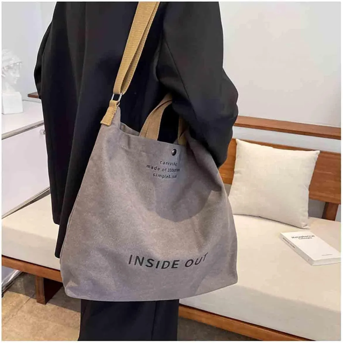 Women's Canvas Tote Shoulder Bag - Large Fashion Retro Letter Handbag