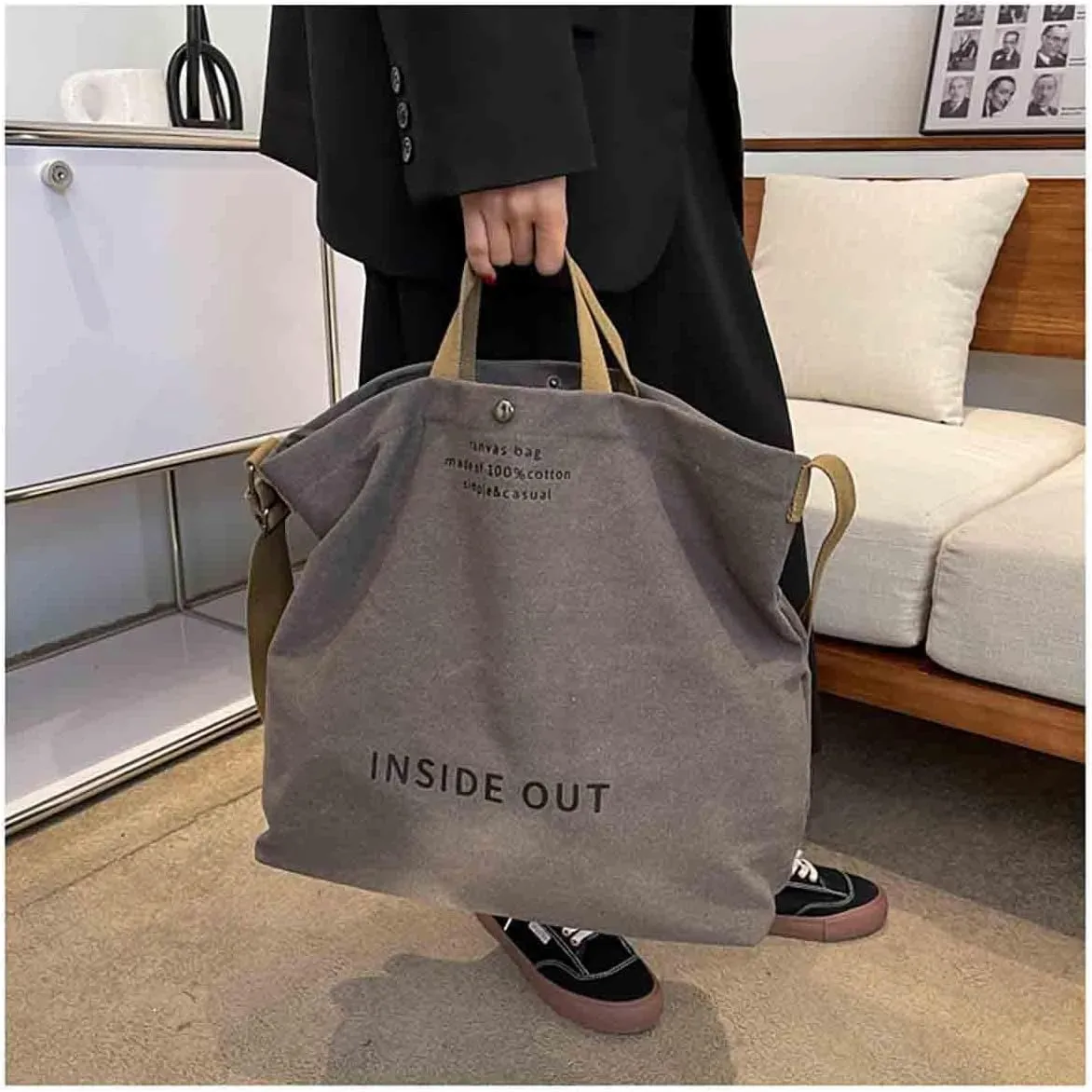 Women's Canvas Tote Shoulder Bag - Large Fashion Retro Letter Handbag