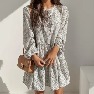 Women's Casual Boho Crew Neck Mini Dress Loose Swing Floral Printed Long Sleeve Flowy Tiered Vacation A-line Dress