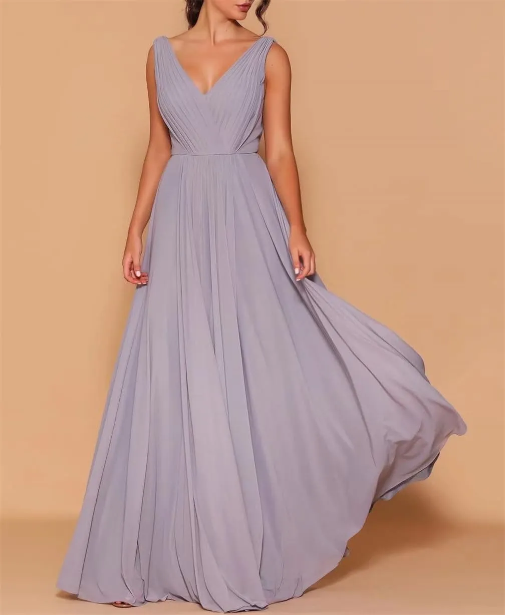 Women's Double V Neck Bridesmaid Dresses for Wedding Guest Chiffon Formal Evening Party Prom Maxi Gown AN352