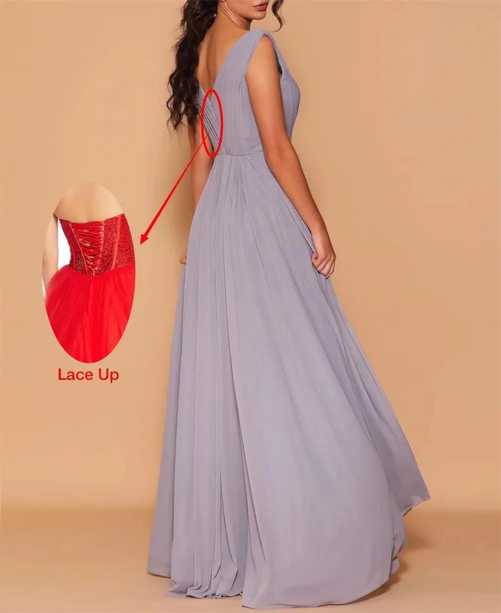 Women's Double V Neck Bridesmaid Dresses for Wedding Guest Chiffon Formal Evening Party Prom Maxi Gown AN352