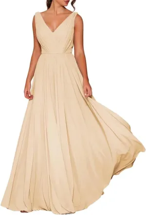 Women's Double V Neck Bridesmaid Dresses for Wedding Guest Chiffon Formal Evening Party Prom Maxi Gown AN352