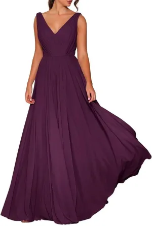 Women's Double V Neck Bridesmaid Dresses for Wedding Guest Chiffon Formal Evening Party Prom Maxi Gown AN352