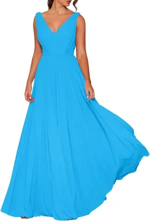 Women's Double V Neck Bridesmaid Dresses for Wedding Guest Chiffon Formal Evening Party Prom Maxi Gown AN352