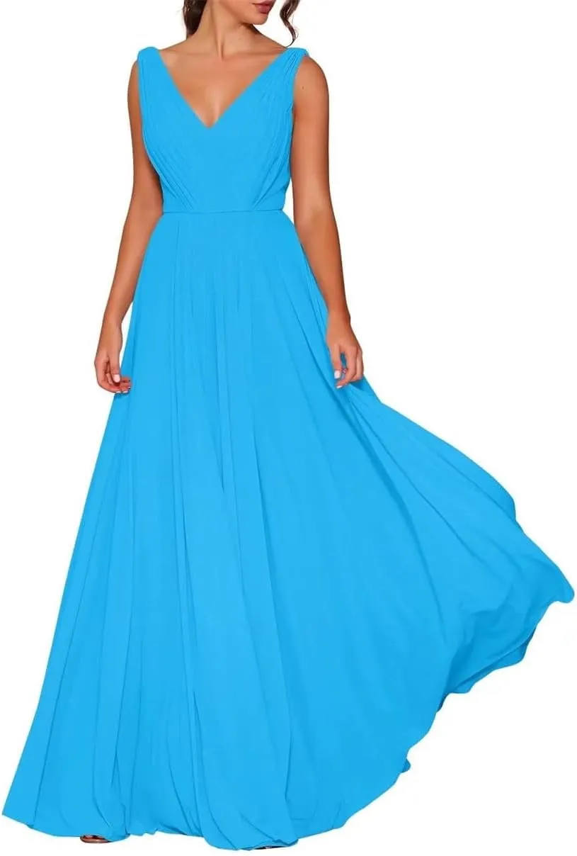 Women's Double V Neck Bridesmaid Dresses for Wedding Guest Chiffon Formal Evening Party Prom Maxi Gown AN352