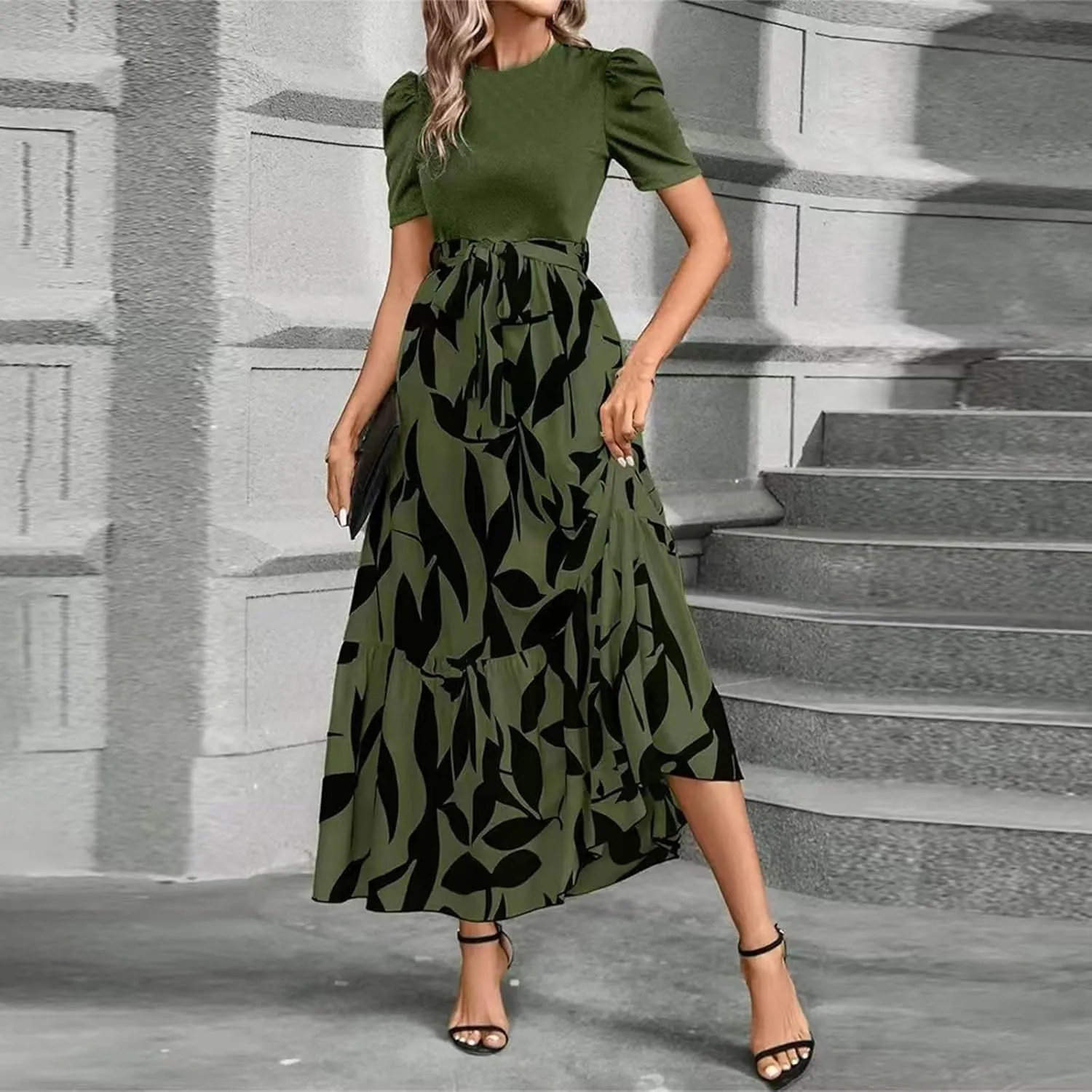 Womens Floral Printed Long Flowy Dresses with Pockets Ruffle Short Sleeve 2025 Dresses Summer Casual Maxi Dress