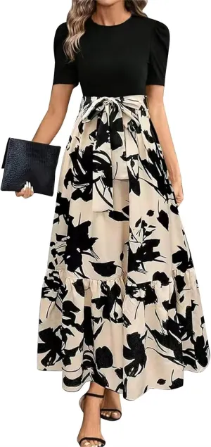 Womens Floral Printed Long Flowy Dresses with Pockets Ruffle Short Sleeve 2025 Dresses Summer Casual Maxi Dress