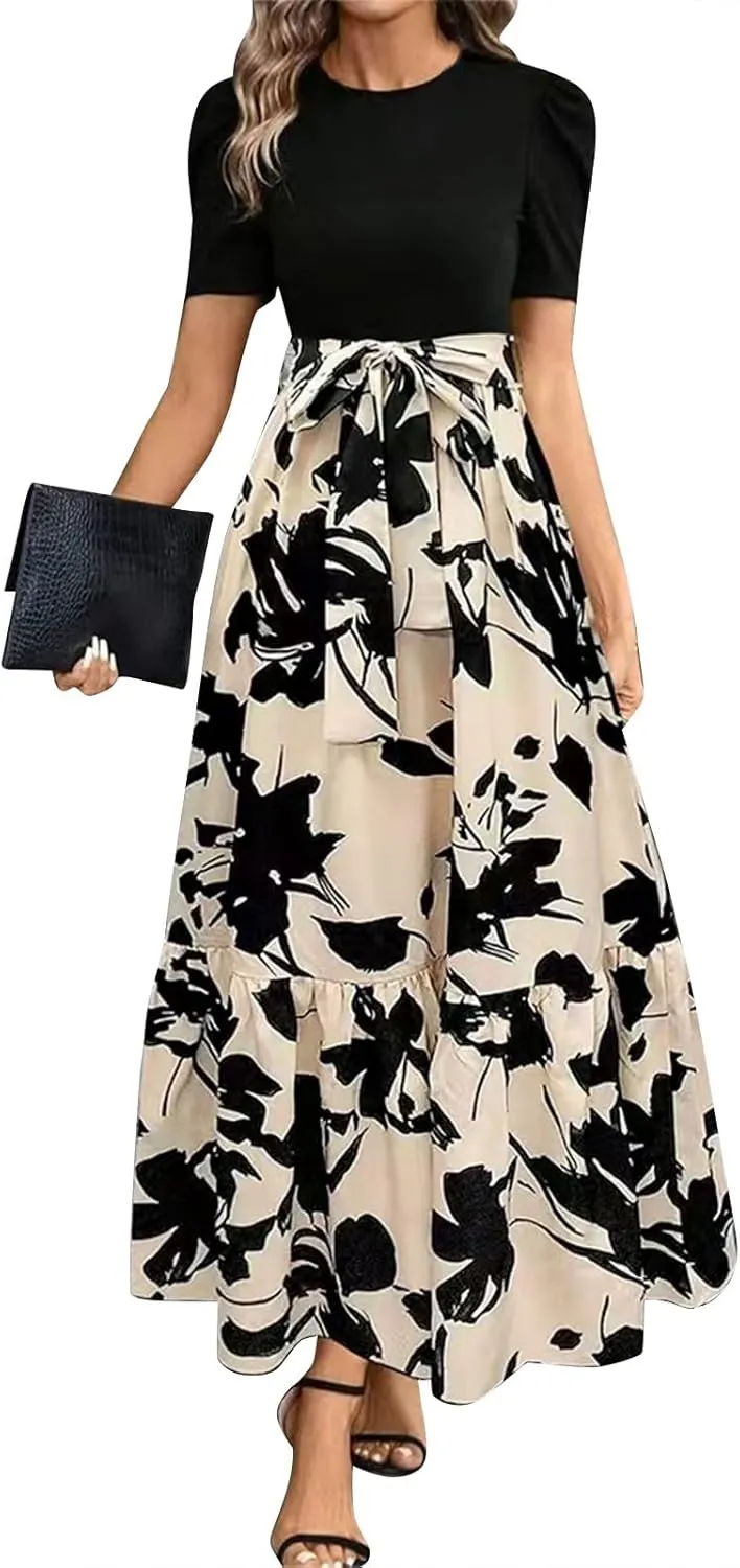 Womens Floral Printed Long Flowy Dresses with Pockets Ruffle Short Sleeve 2025 Dresses Summer Casual Maxi Dress