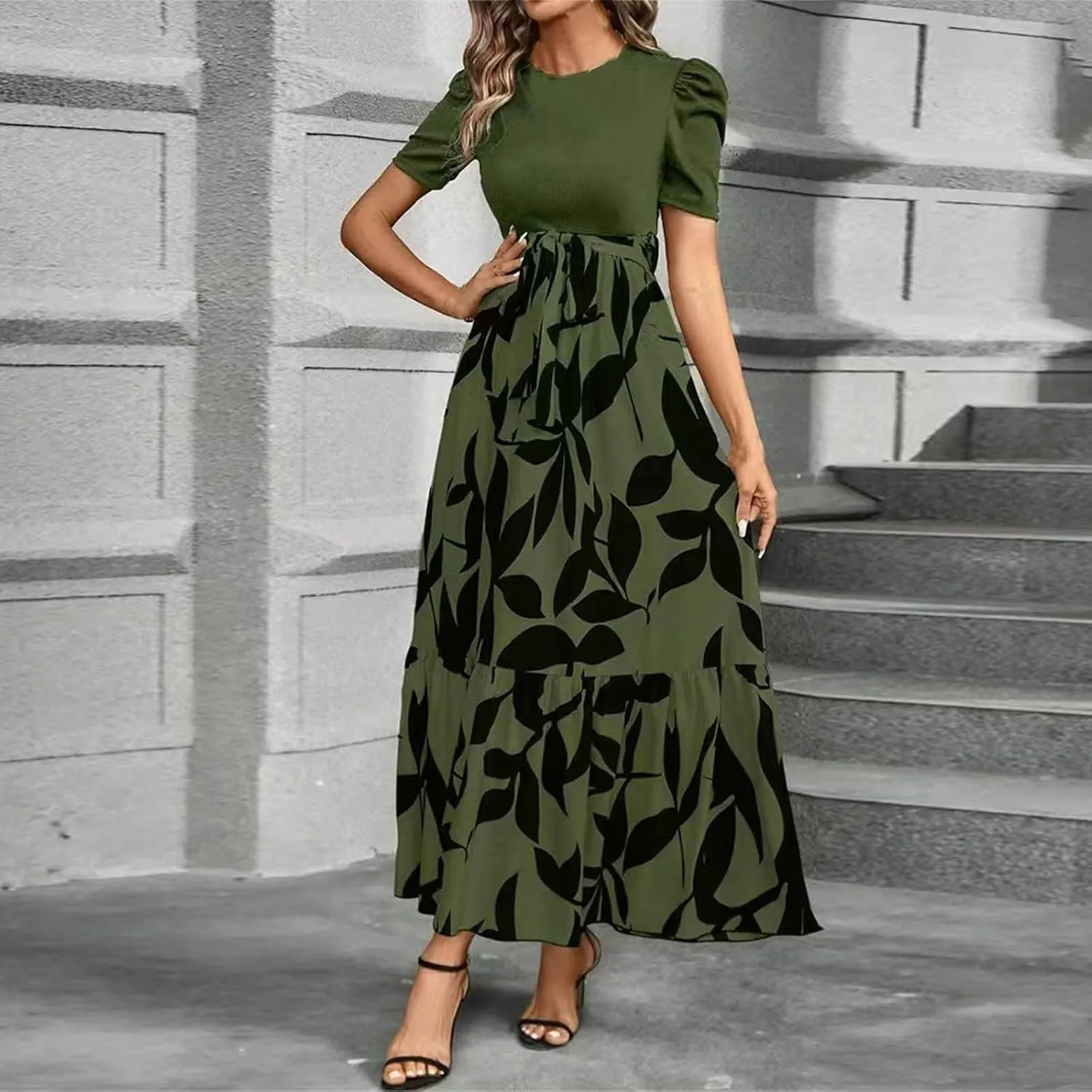 Womens Floral Printed Long Flowy Dresses with Pockets Ruffle Short Sleeve 2025 Dresses Summer Casual Maxi Dress
