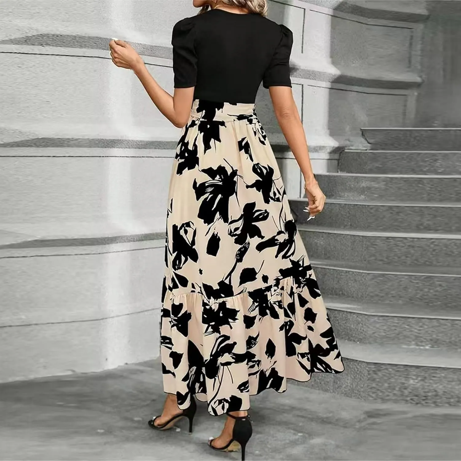 Womens Floral Printed Long Flowy Dresses with Pockets Ruffle Short Sleeve 2025 Dresses Summer Casual Maxi Dress