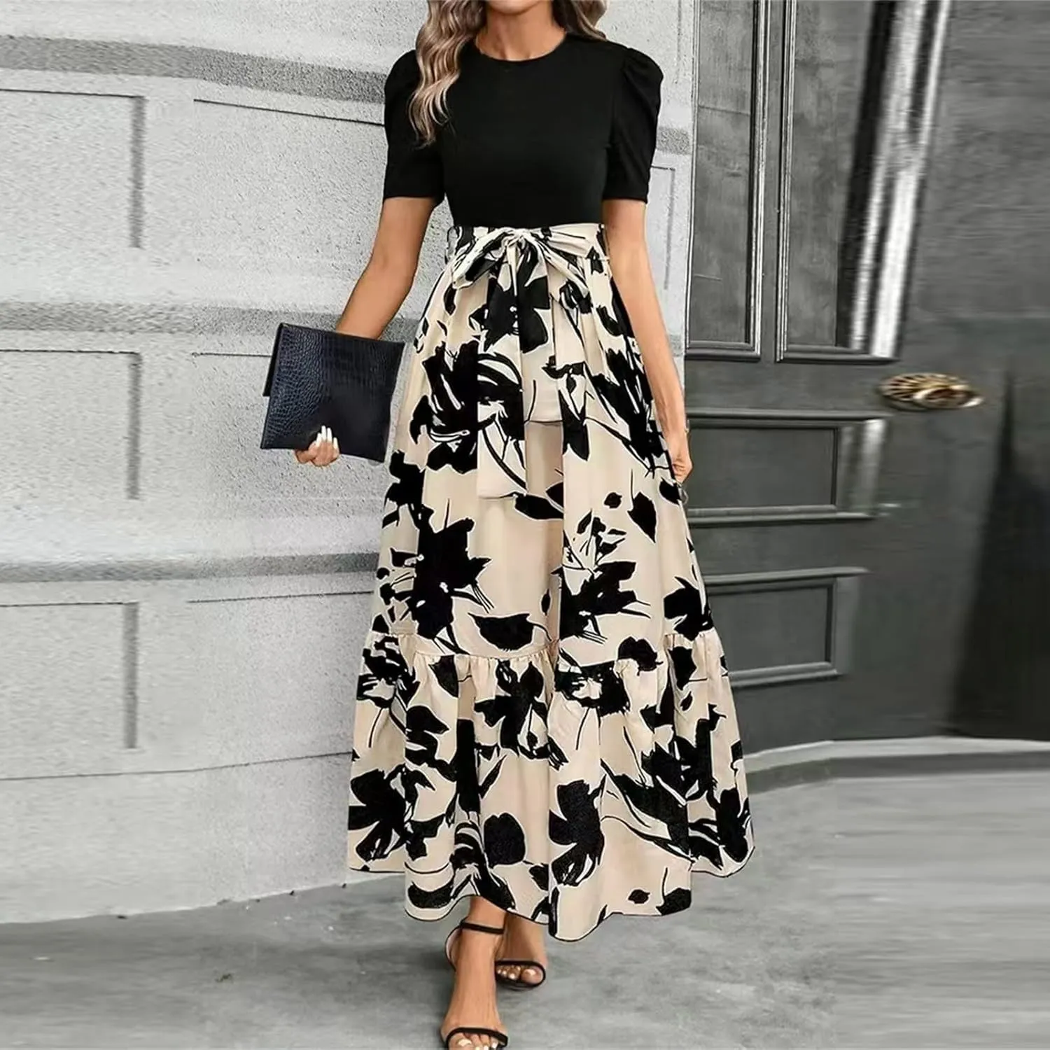 Womens Floral Printed Long Flowy Dresses with Pockets Ruffle Short Sleeve 2025 Dresses Summer Casual Maxi Dress