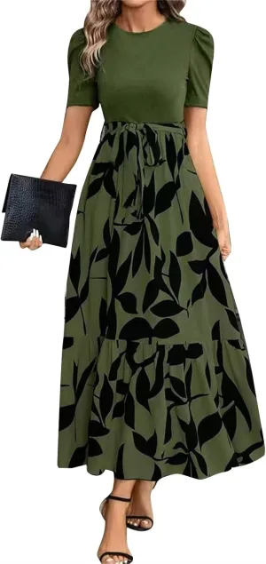 Womens Floral Printed Long Flowy Dresses with Pockets Ruffle Short Sleeve 2025 Dresses Summer Casual Maxi Dress