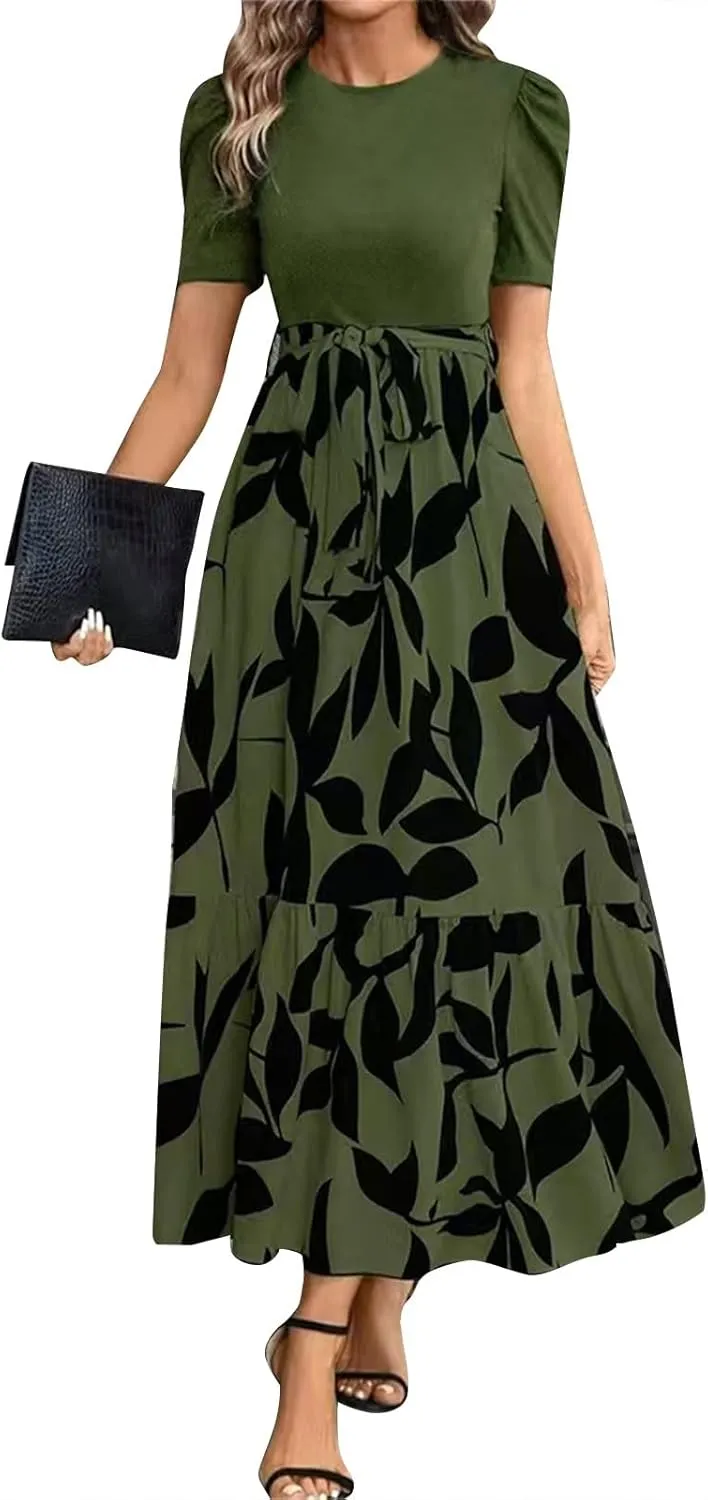 Womens Floral Printed Long Flowy Dresses with Pockets Ruffle Short Sleeve 2025 Dresses Summer Casual Maxi Dress