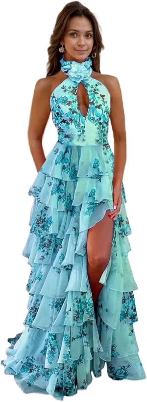 Women's Floral Prom Dresses Backless Chiffon Tiered Ruffles Formal Evening Party Dress with Slit