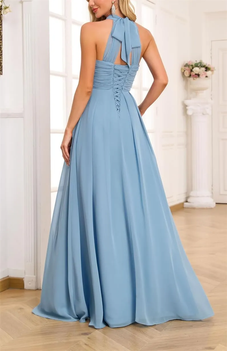 Womens Halter Pleated Chiffon Bridesmaid Dress A Line Prom Dress Long Formal Evening Maxi Party Gowns EZ109