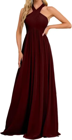 Womens Halter Pleated Chiffon Bridesmaid Dress A Line Prom Dress Long Formal Evening Maxi Party Gowns EZ109