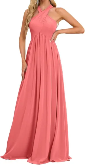 Womens Halter Pleated Chiffon Bridesmaid Dress A Line Prom Dress Long Formal Evening Maxi Party Gowns EZ109