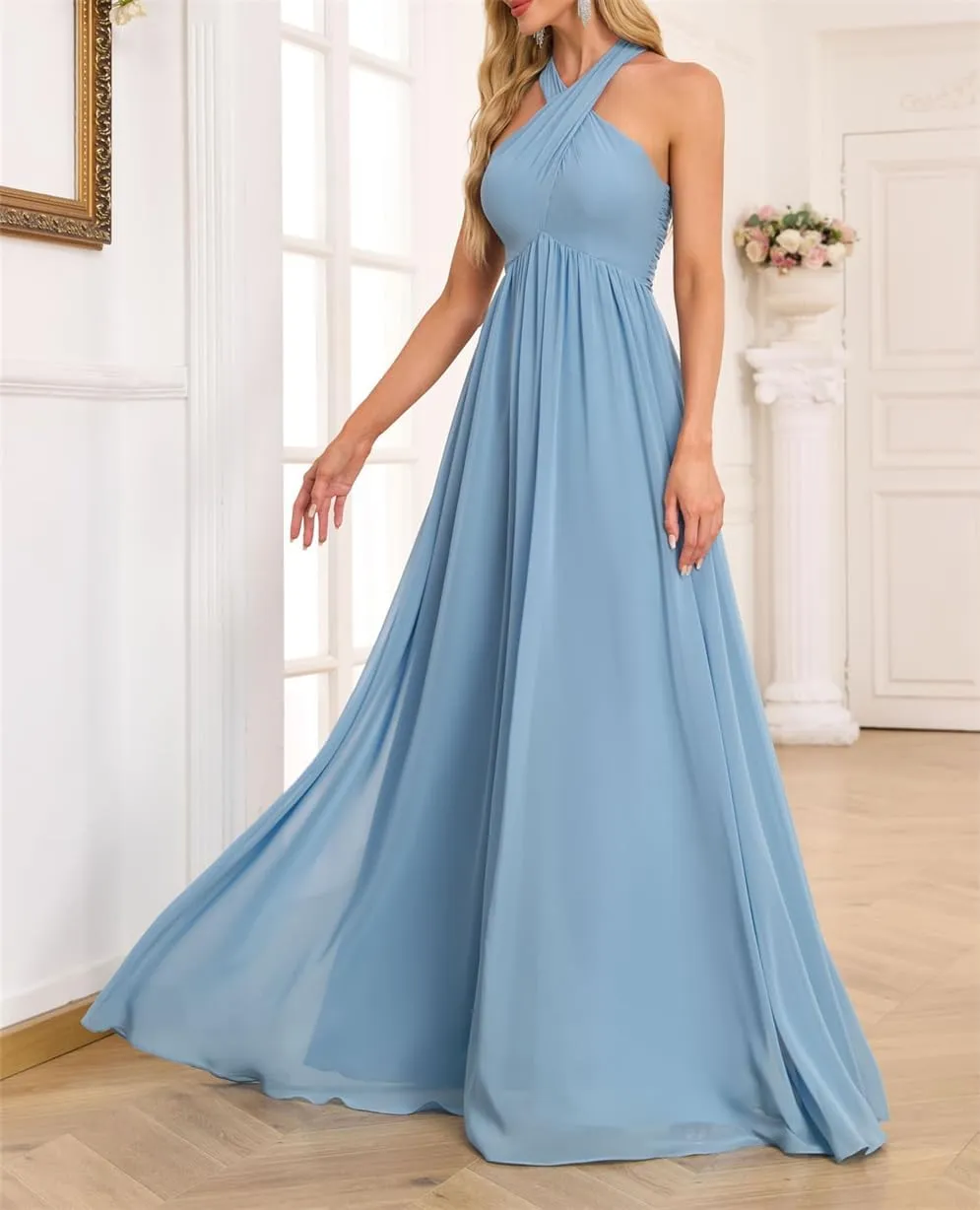 Womens Halter Pleated Chiffon Bridesmaid Dress A Line Prom Dress Long Formal Evening Maxi Party Gowns EZ109