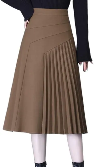 Womens High Waist Midi Long Pleated Skirt A Line Swing Skirt in Winter (3XL,Brown,3X-Large)