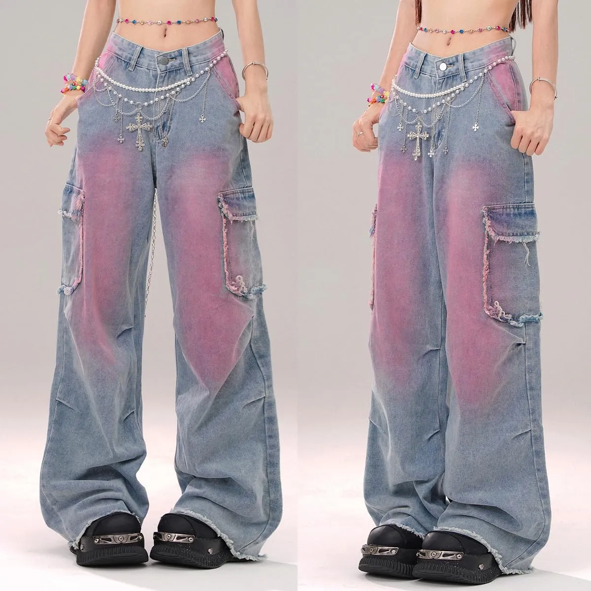 Womens Jeans Fashion Y2K Vintage Casual Low Waist Baggy Wide Leg Pink Tie-Dye Gradient Straight Denim Pants
