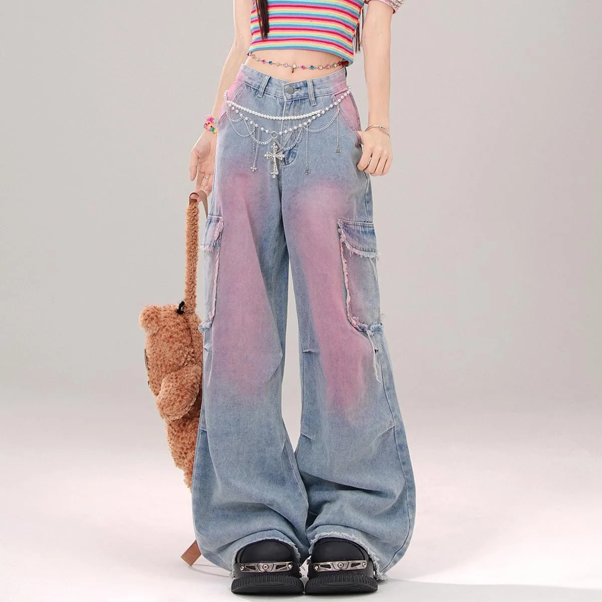 Womens Jeans Fashion Y2K Vintage Casual Low Waist Baggy Wide Leg Pink Tie-Dye Gradient Straight Denim Pants