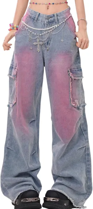 Womens Jeans Fashion Y2K Vintage Casual Low Waist Baggy Wide Leg Pink Tie-Dye Gradient Straight Denim Pants